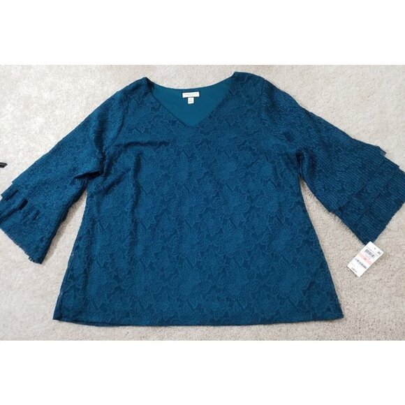 Charter Club Woman~Plus Size 0X~Teal Tiered-Sleeve Lace Deep Pine Blouse NWT$89 - Picture 4 of 9